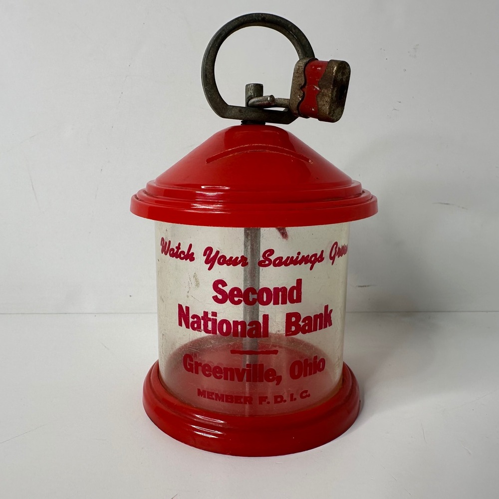 Vtg Promo Coin Bank Second National Bank Greenville Ohio Red Plastic Padlock